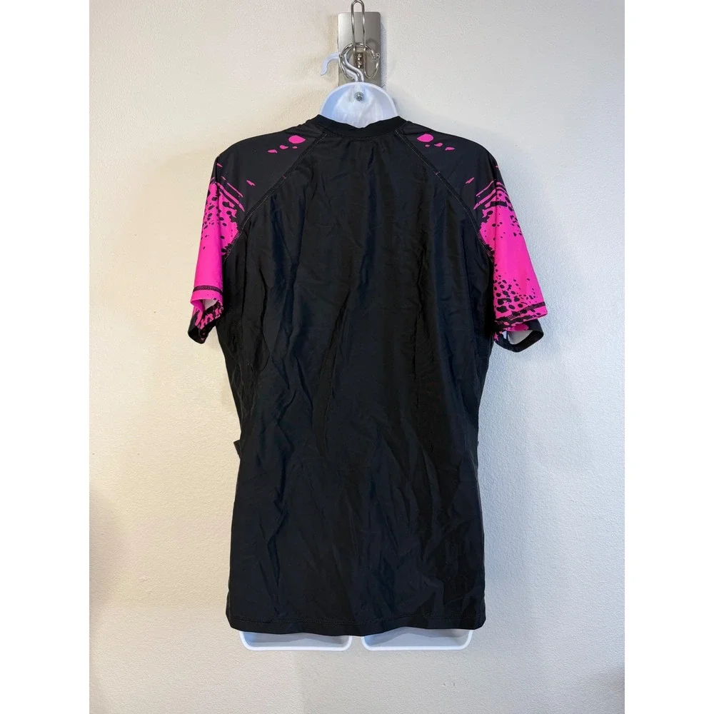 Halcurt Womens Rash Guard Swim Shirt Black Pink Splatter Short Sleeve XL NEW